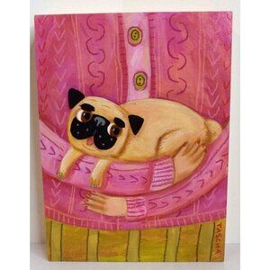 Lady Holding Cute Blond Pug Dog in Arms Tascha Parkinson Painting Art!